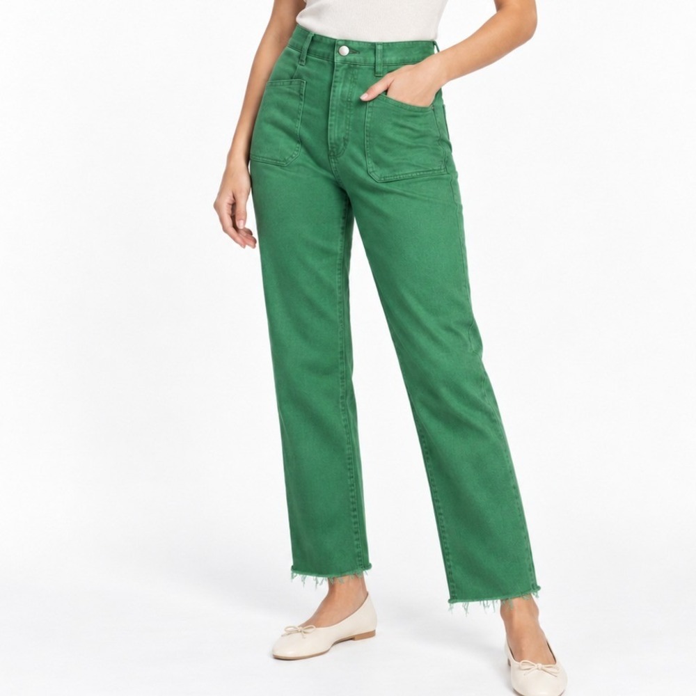 Zara Womens Green Straight Leg Cropped Pants Size 4 Raw Hem Patch Pocket Utility